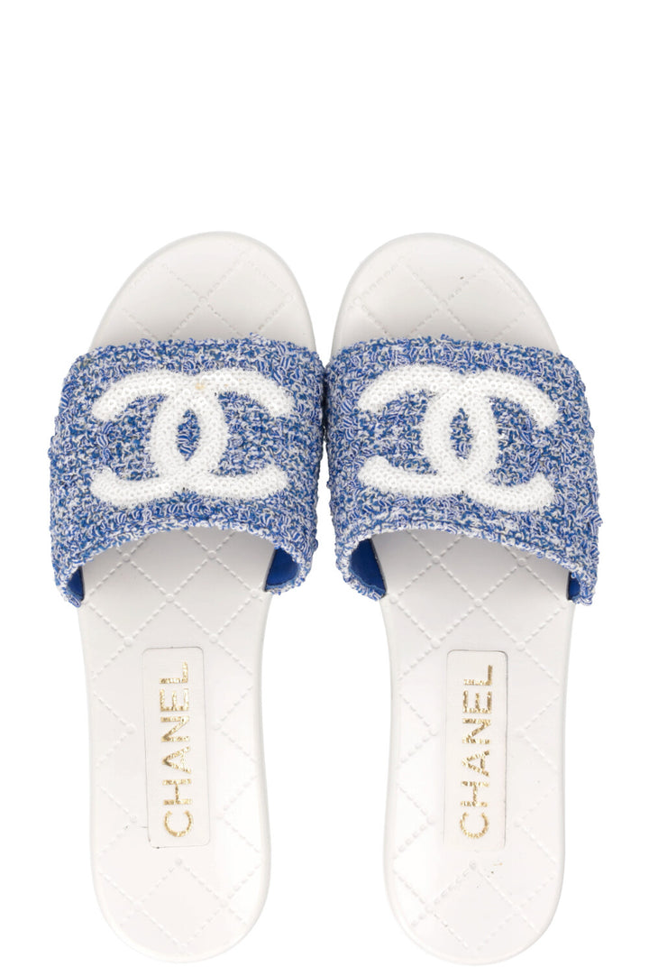 CHANEL CC Platform Mules Tweed Blue White