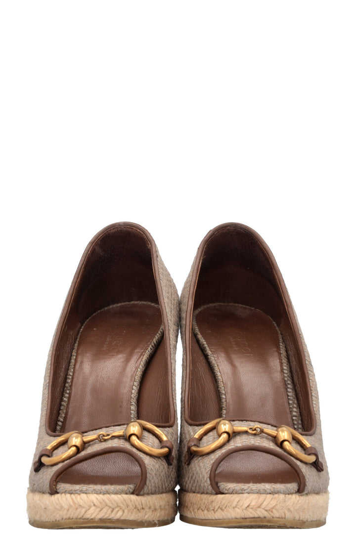 GUCCI Horsebit Canvas Wedges Grey