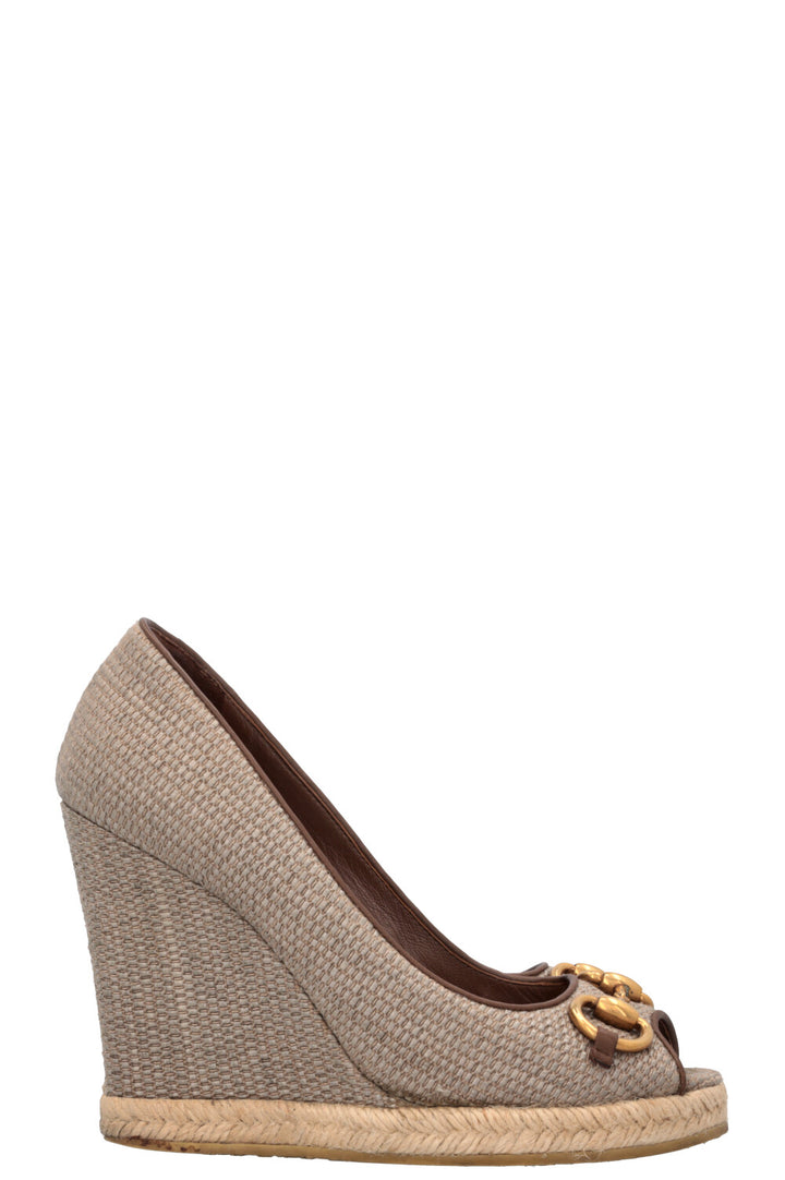 GUCCI Horsebit Canvas Wedges Grey
