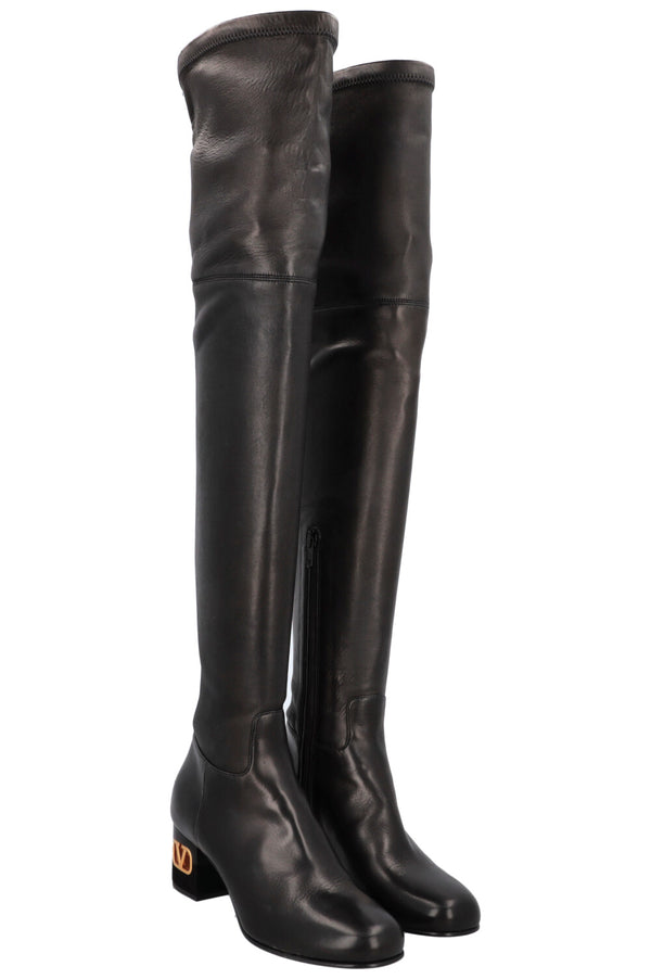 VALENTINO V Logo Overknee Boot Black Nappa