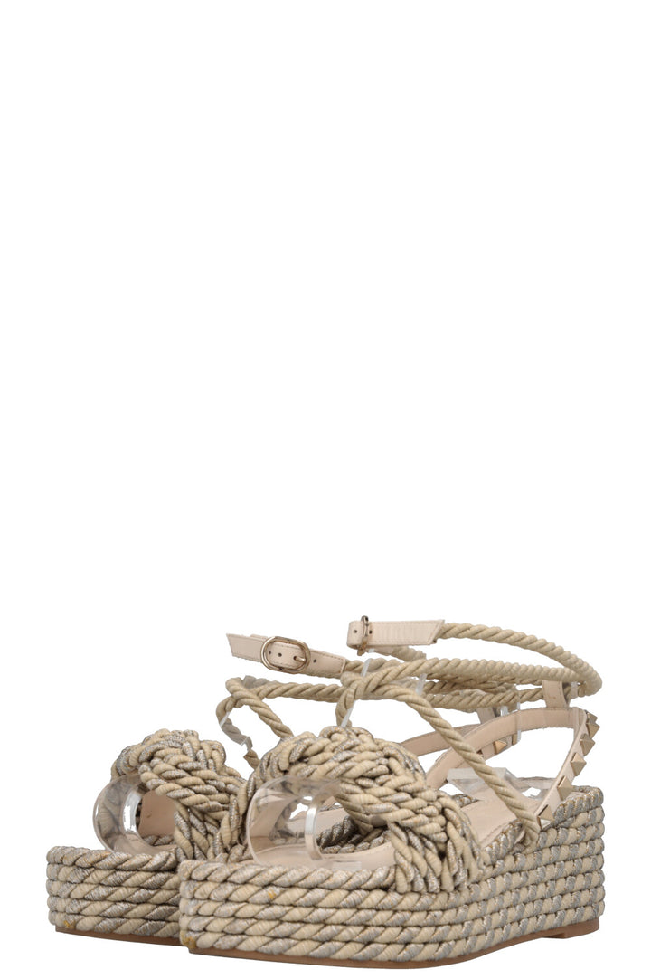 VALENTINO Cord Rockstud Plateau Flats Silver