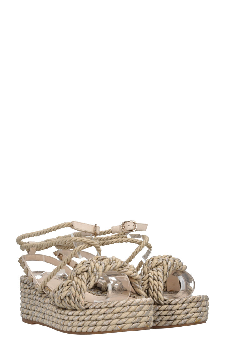 VALENTINO Cord Rockstud Plateau Flats Silver