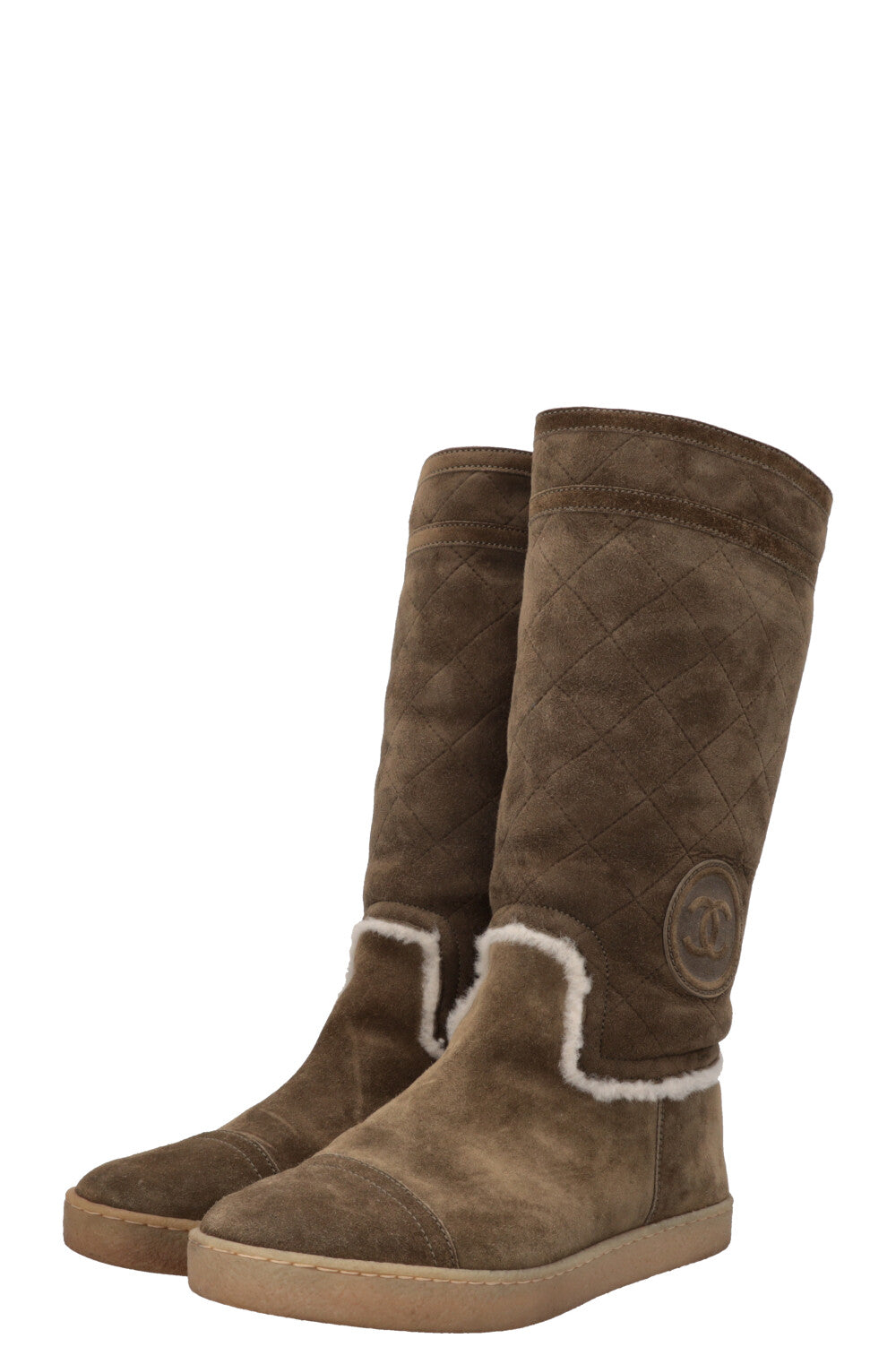 CHANEL CC Shearling Boots Suede Khaki