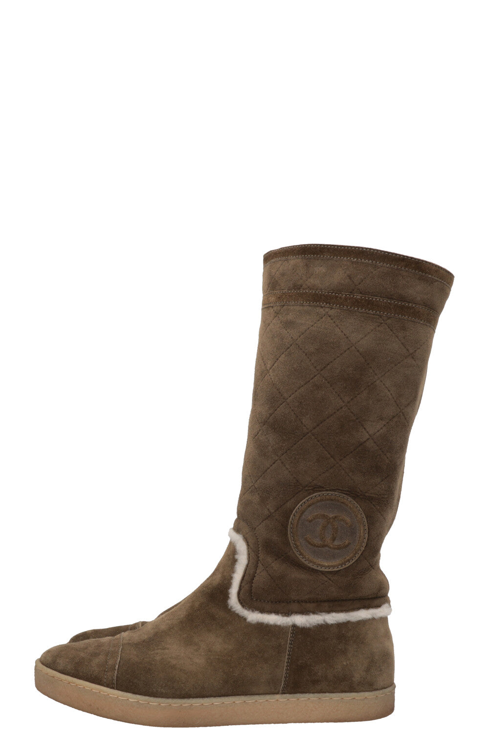 CHANEL CC Shearling Boots Suede Khaki