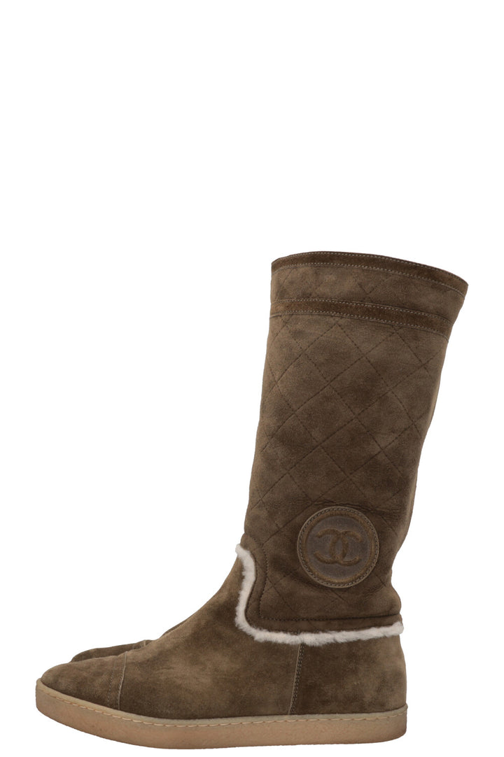 CHANEL CC Shearling Boots Suede Khaki
