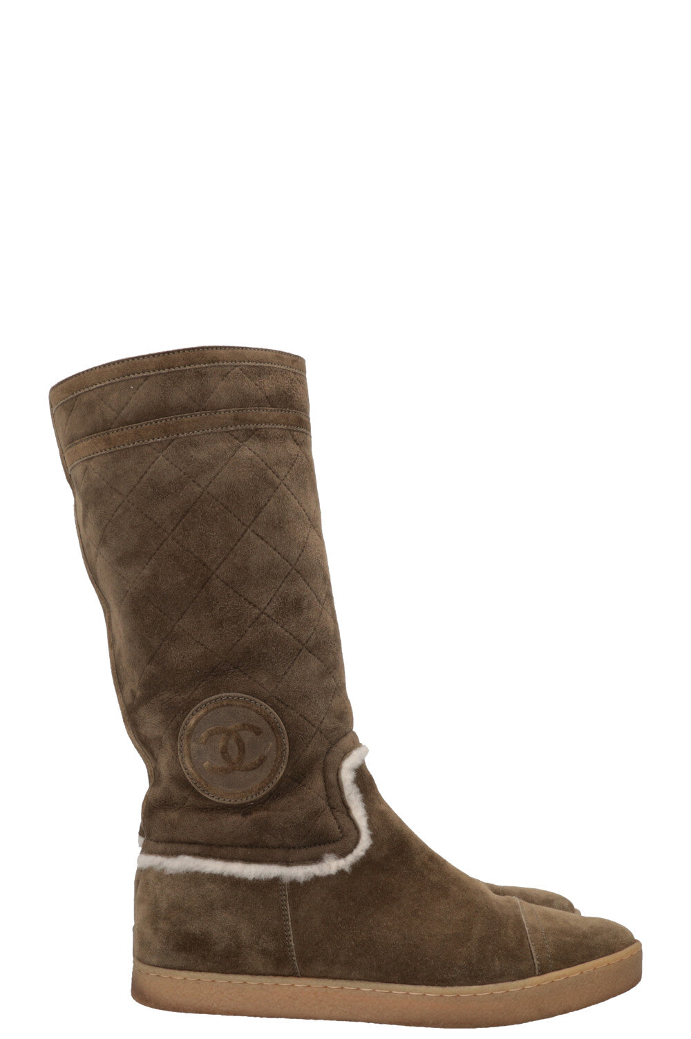 CHANEL CC Shearling Boots Suede Khaki