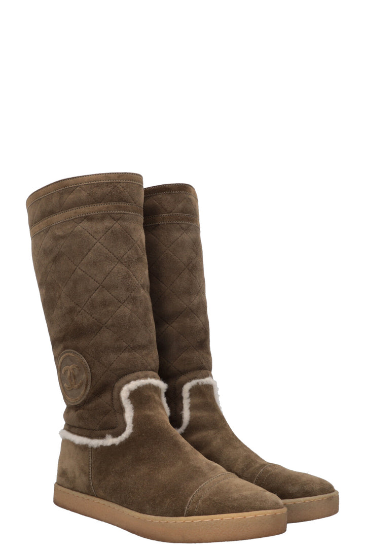 CHANEL CC Shearling Boots Suede Khaki