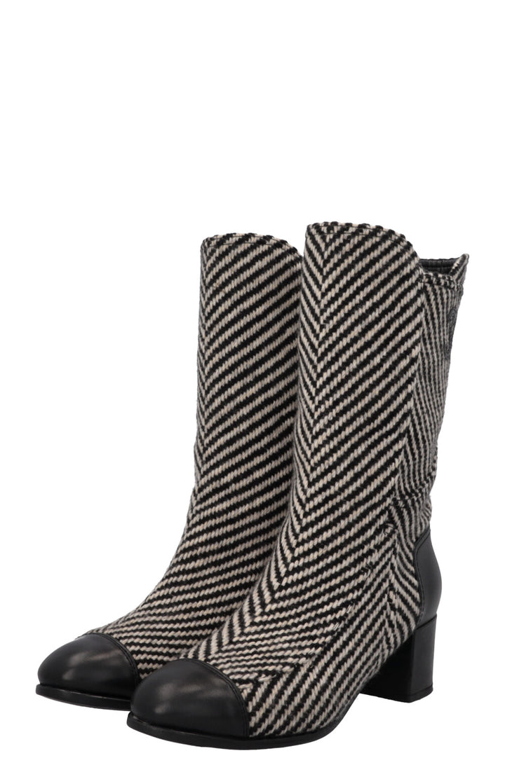CHANEL CC Tweed Ankle Boots Black White