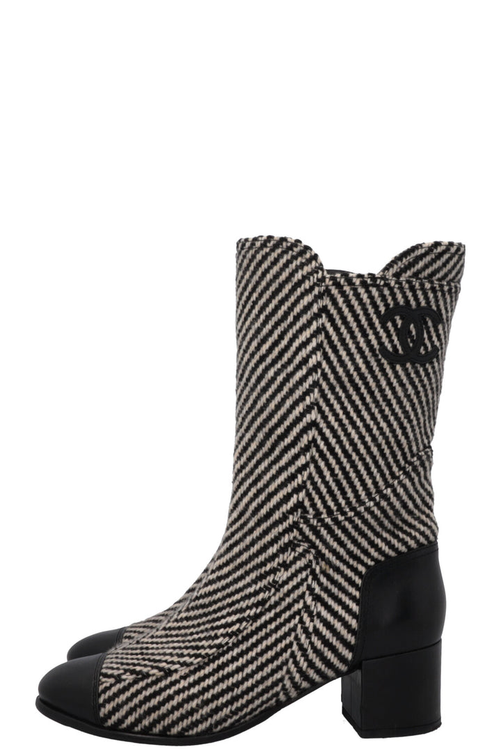 CHANEL CC Tweed Ankle Boots Black White