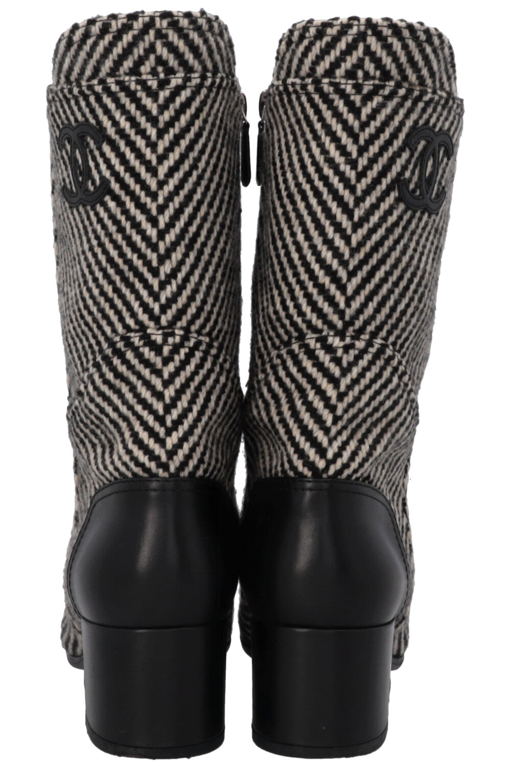 CHANEL CC Tweed Ankle Boots Black White