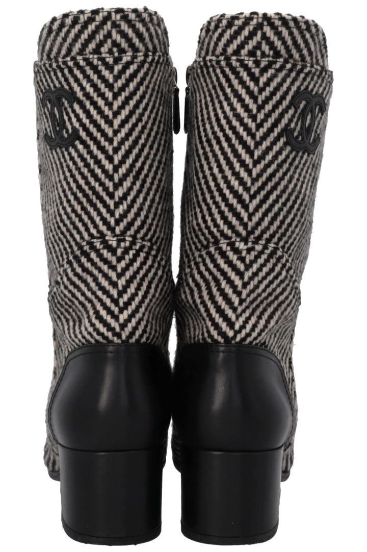 CHANEL CC Tweed Ankle Boots Black White