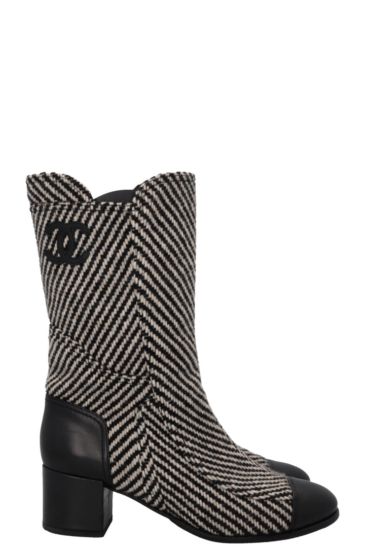 CHANEL CC Tweed Ankle Boots Black White