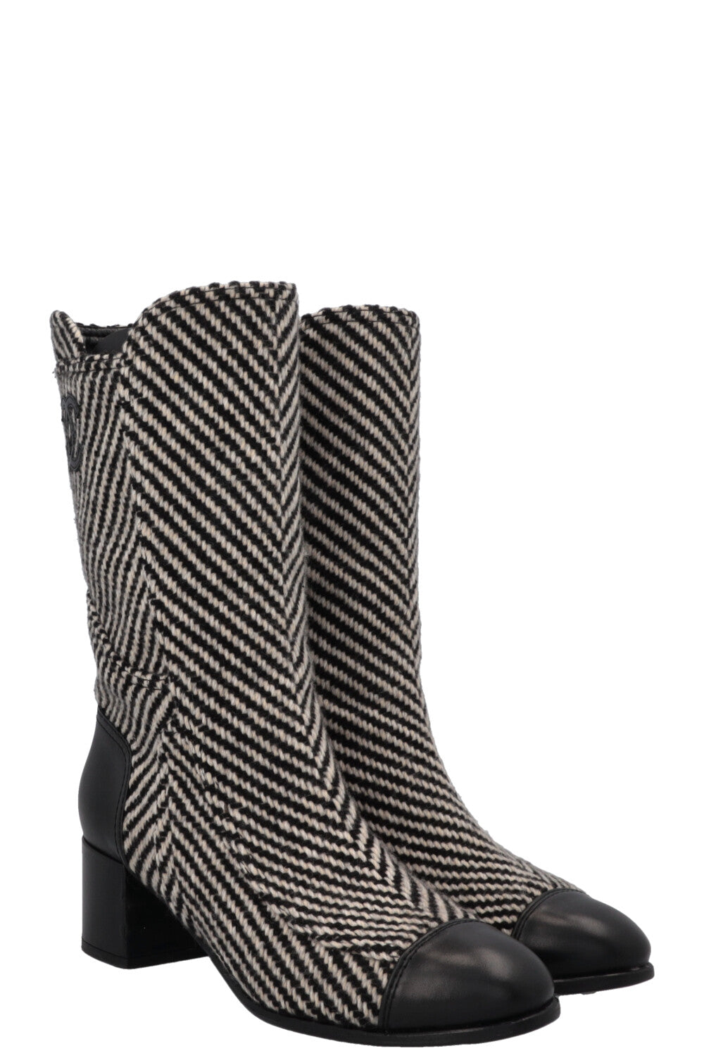 CHANEL CC Tweed Ankle Boots Black White