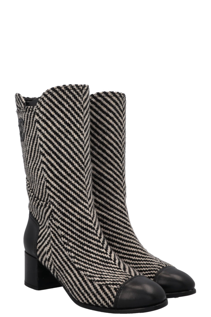 CHANEL CC Tweed Ankle Boots Black White