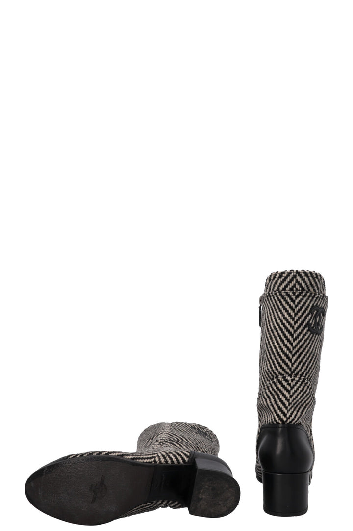 CHANEL CC Tweed Ankle Boots Black White
