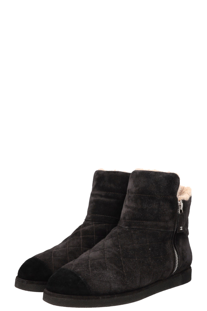 CHANEl Shearling Ankle Boots Suede Charcoal