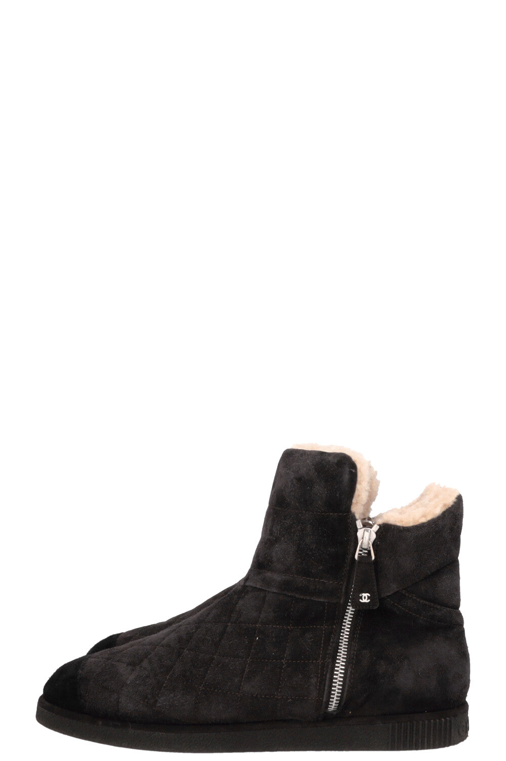 CHANEl Shearling Ankle Boots Suede Charcoal