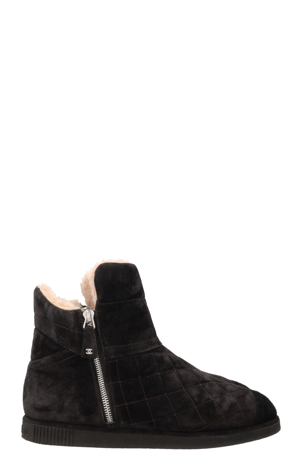 CHANEl Shearling Ankle Boots Suede Charcoal