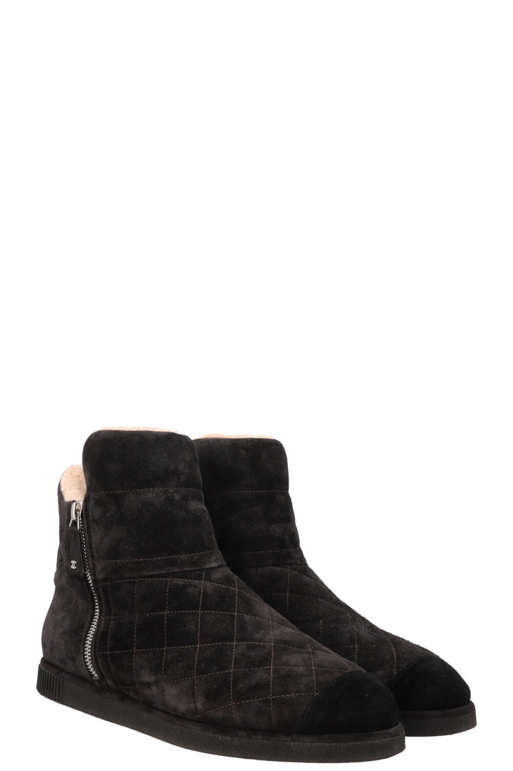 CHANEl Shearling Ankle Boots Suede Charcoal