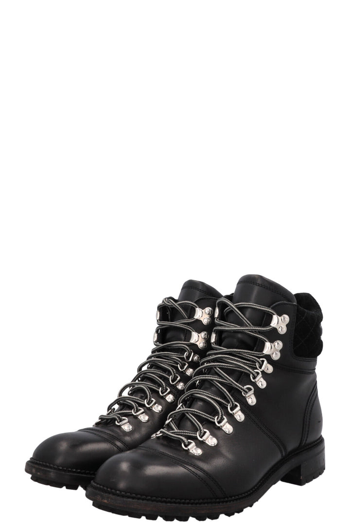 CHANEL CC Lace Up Hiking Boots Black Leather