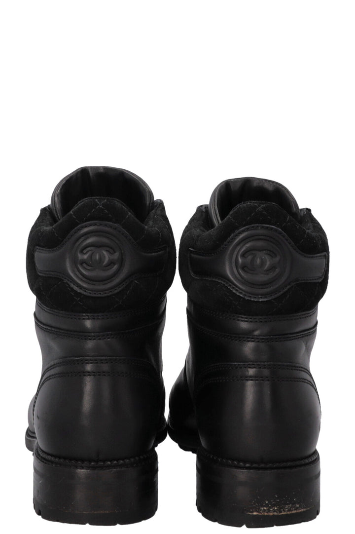 CHANEL CC Lace Up Hiking Boots Black Leather