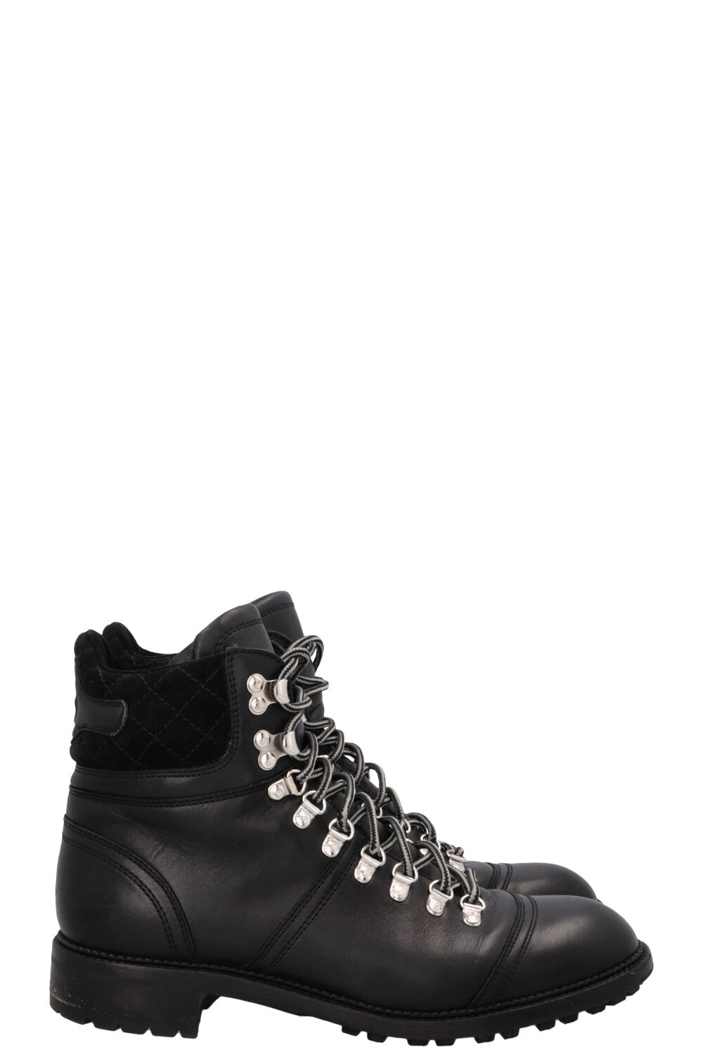 CHANEL CC Lace Up Hiking Boots Black Leather