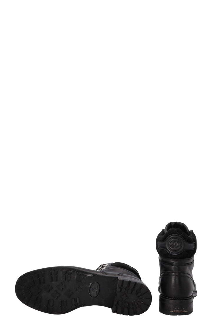 CHANEL CC Lace Up Hiking Boots Black Leather