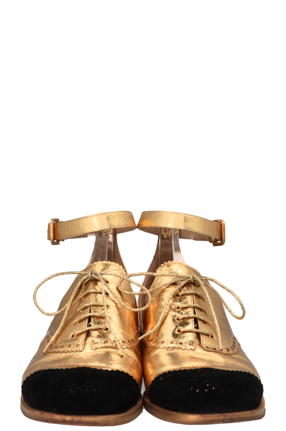 CHANEL 2015 CC Wingtip Loafers Leather Gold