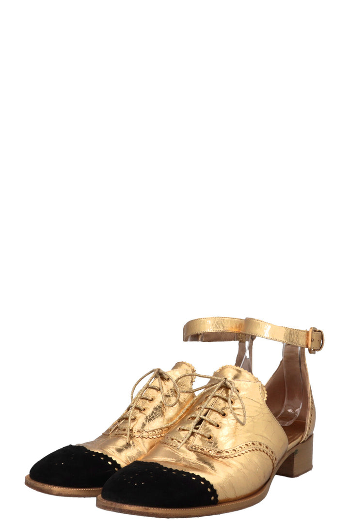 CHANEL 2015 CC Wingtip Loafers Leather Gold