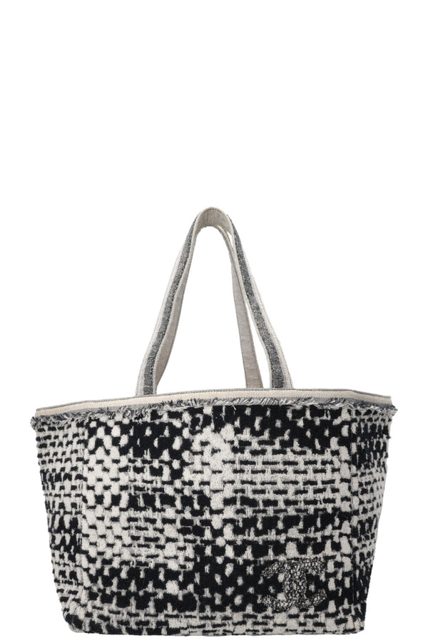 CHANEL CC Sac d'épaule de plage en tissu éponge noir blanc