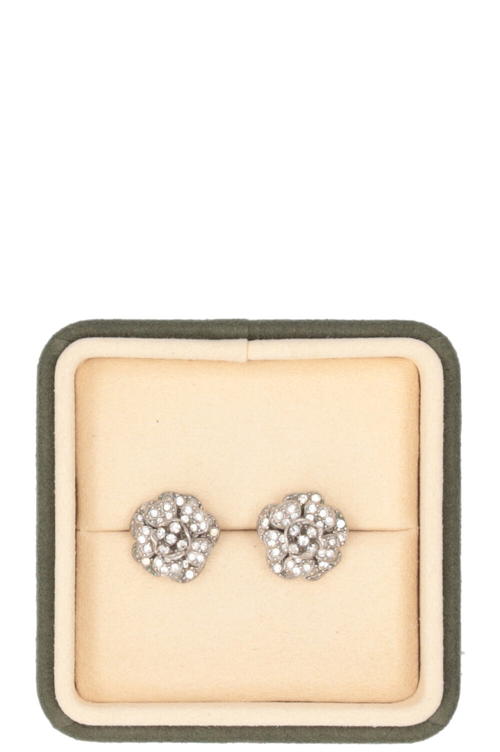 CHANEL 1998 Boucles d'oreilles Camélia Cristaux Argent