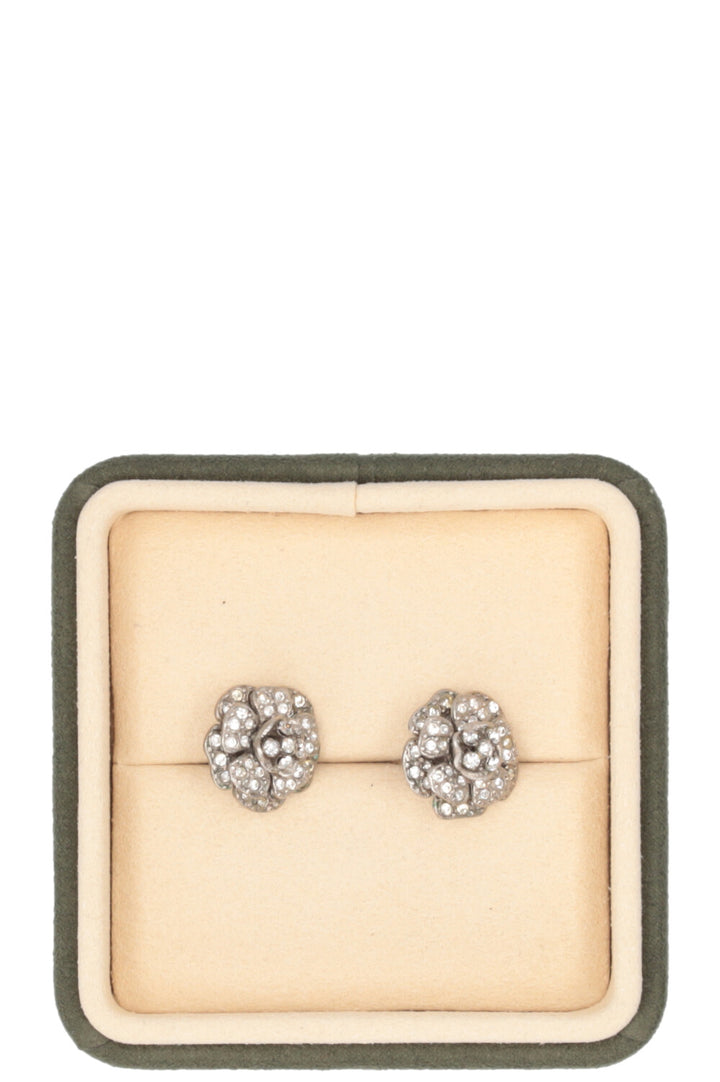 CHANEL 1998 Boucles d'oreilles Camélia Cristaux Argent