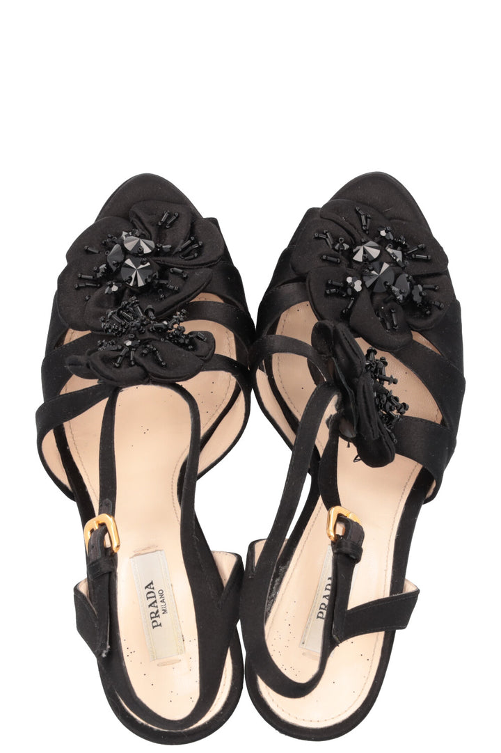 PRADA Floral Heels Silk Black