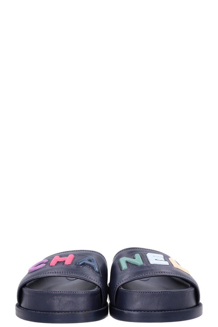 CHANEL Logo Embossed Slides Navy Multicolor