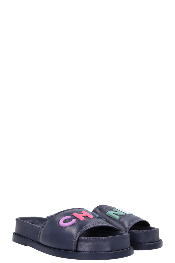 CHANEL Logo Embossed Slides Navy Multicolor