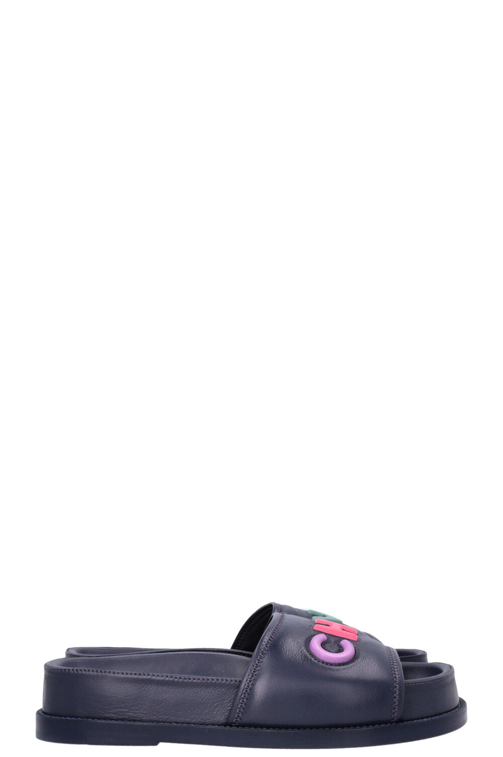 CHANEL Logo Embossed Slides Navy Multicolor