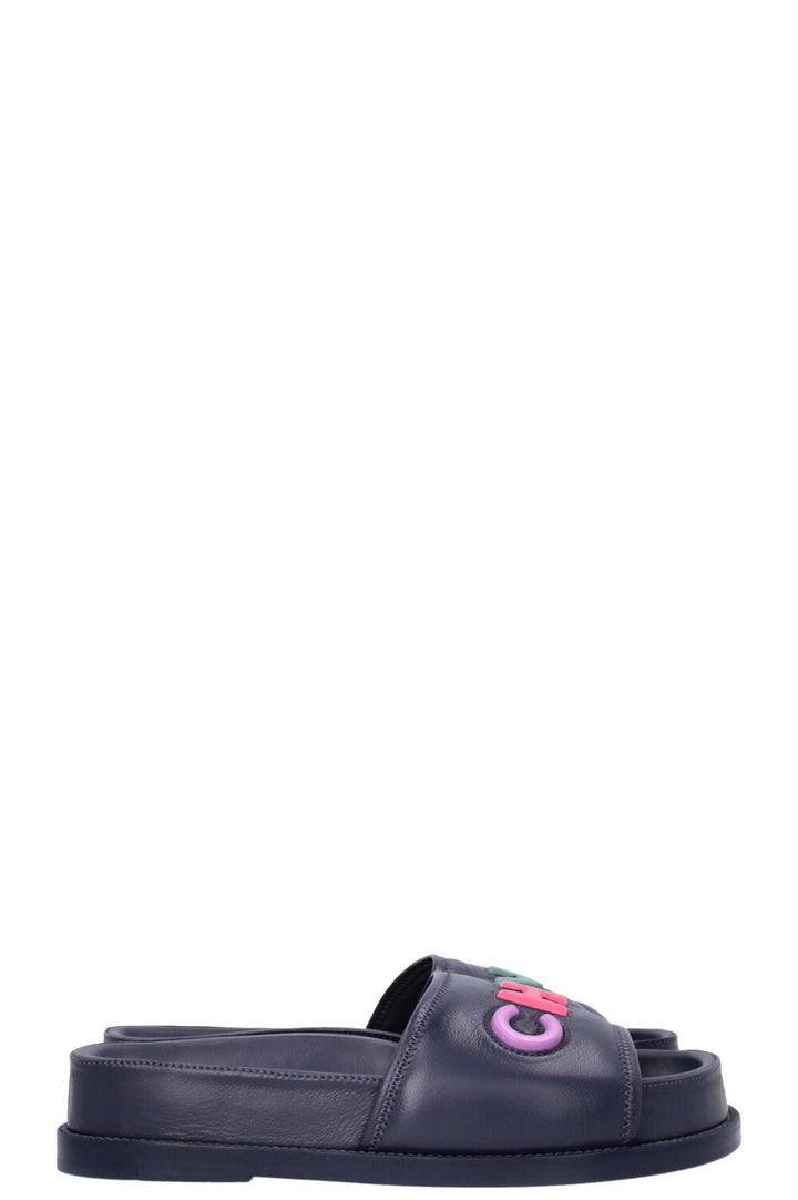 CHANEL Logo Embossed Slides Navy Multicolor