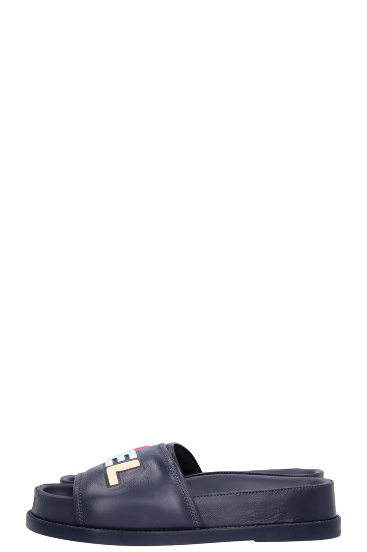 CHANEL Logo Embossed Slides Navy Multicolor