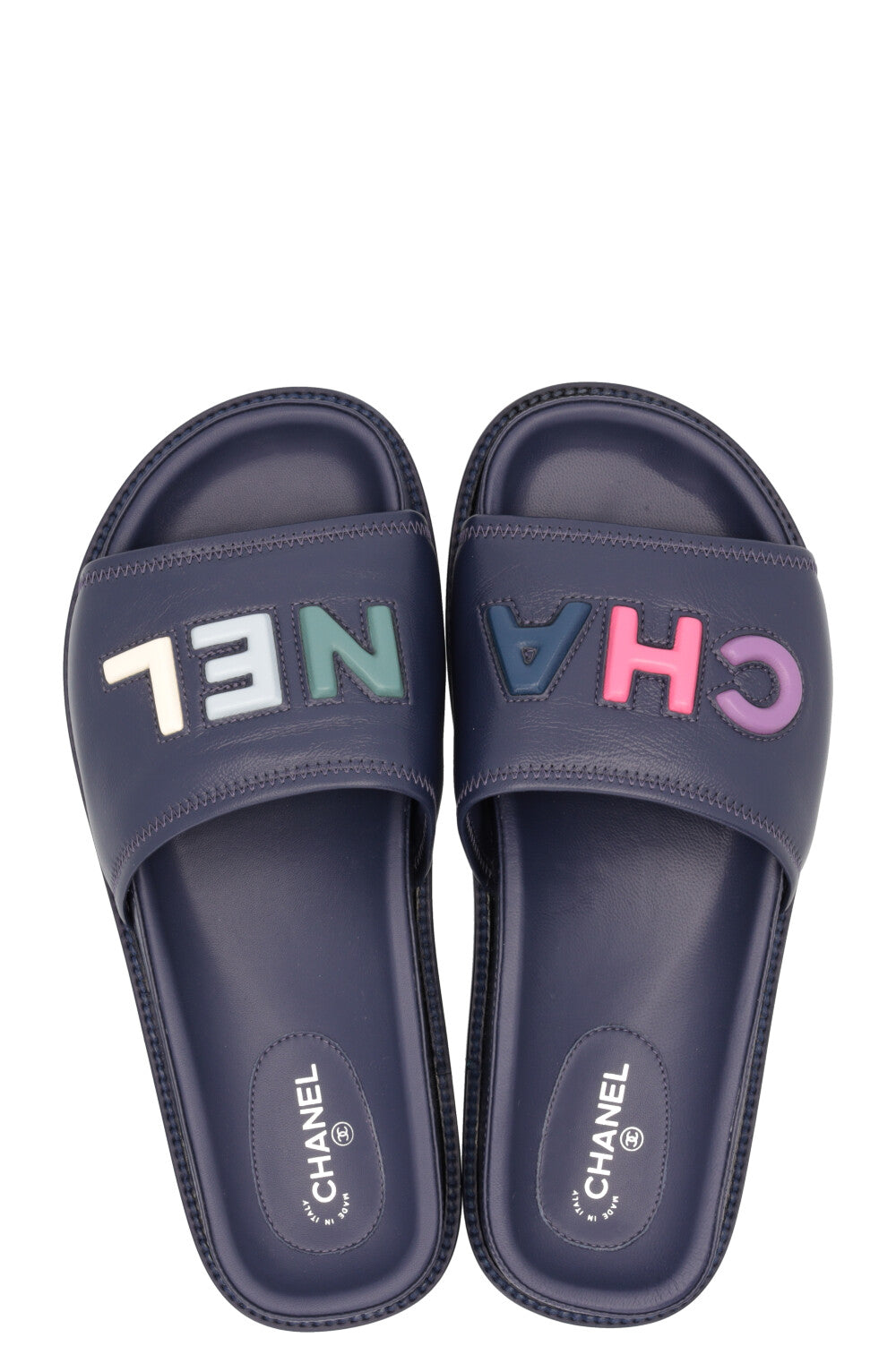 CHANEL Logo Embossed Slides Navy Multicolor