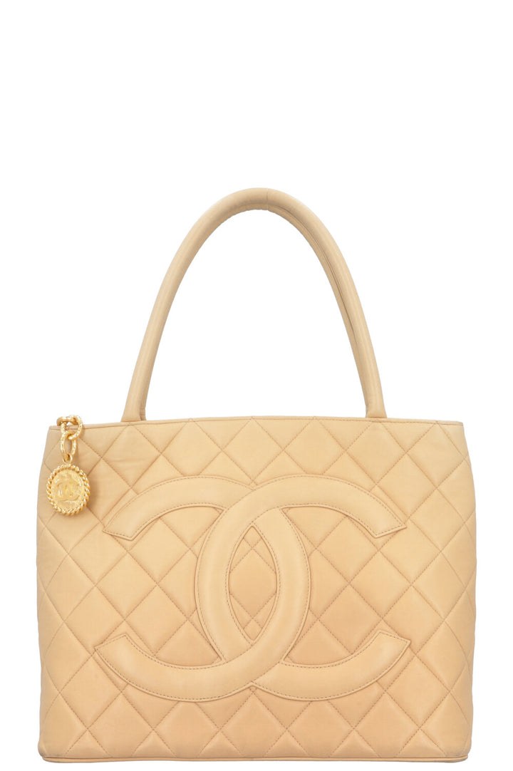 CHANEL Medallion Tote Bag Leather Beige