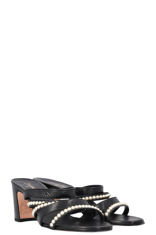 CHANEL Pearl Mules Leather Black