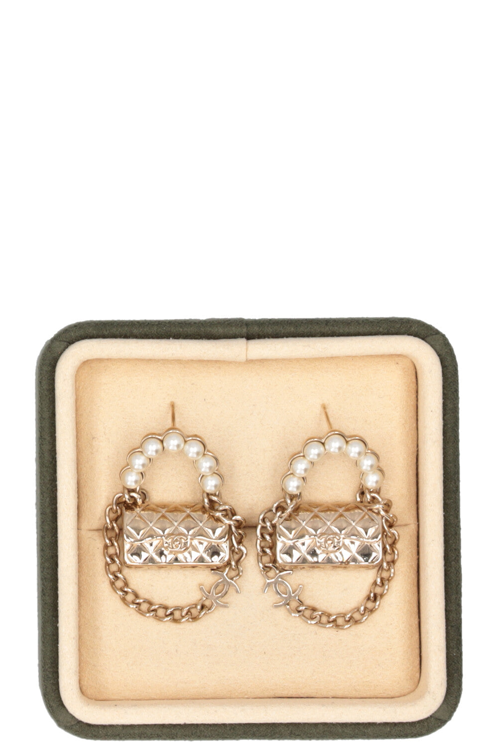 CHANEL Flap Bag Earrings Pearl Champagne Gold
