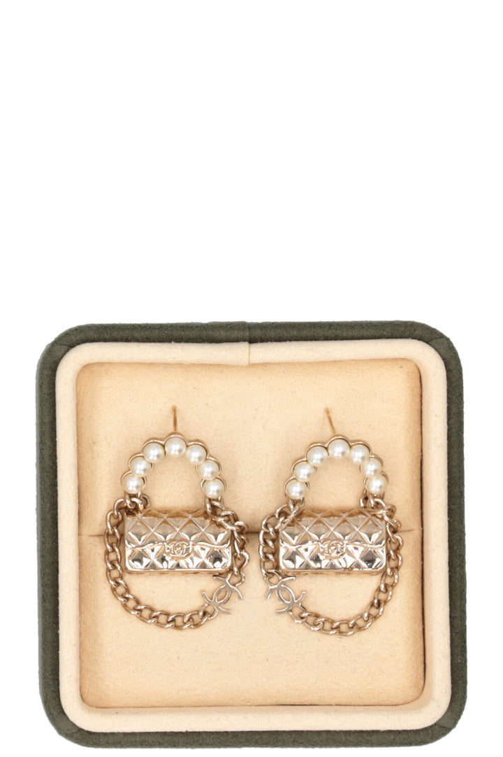 CHANEL Flap Bag Earrings Pearl Champagne Gold
