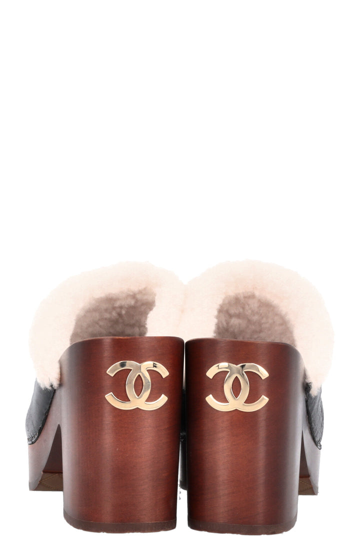 CHANEL 2019 Shearling Plateau Clogs Black