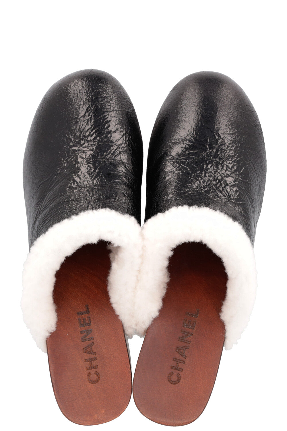 CHANEL 2019 Shearling Plateau Clogs Black