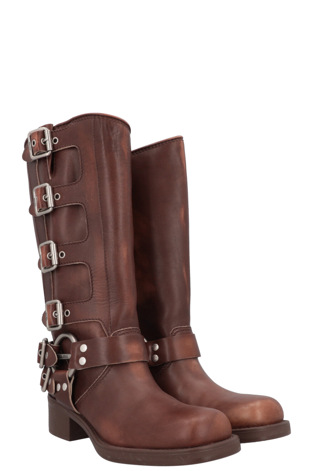 MIUMIU Harness Buckled Biker Boots Brown