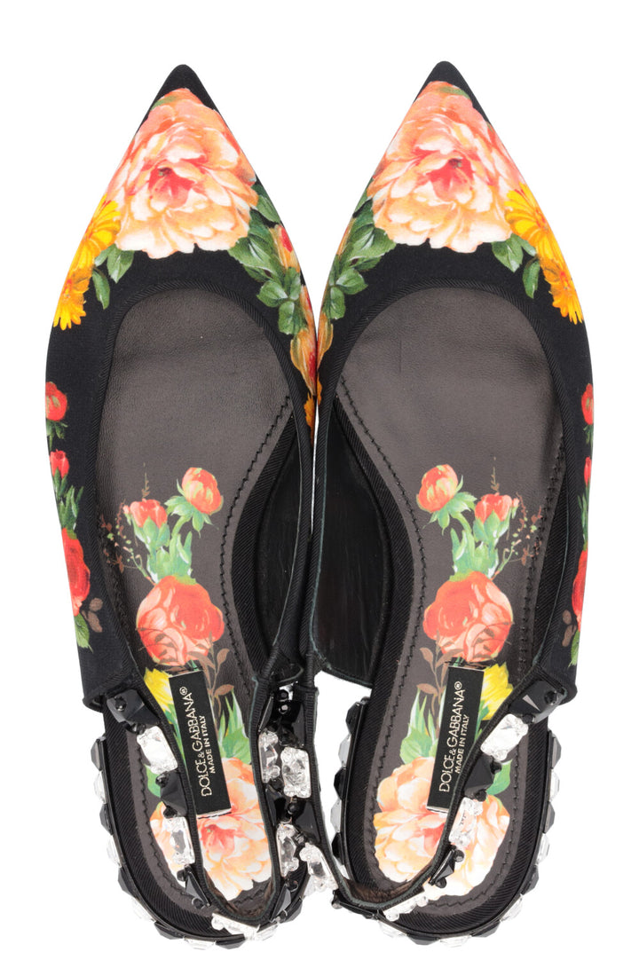 DOLCE&GABBANA Floral Flats Black Canvas