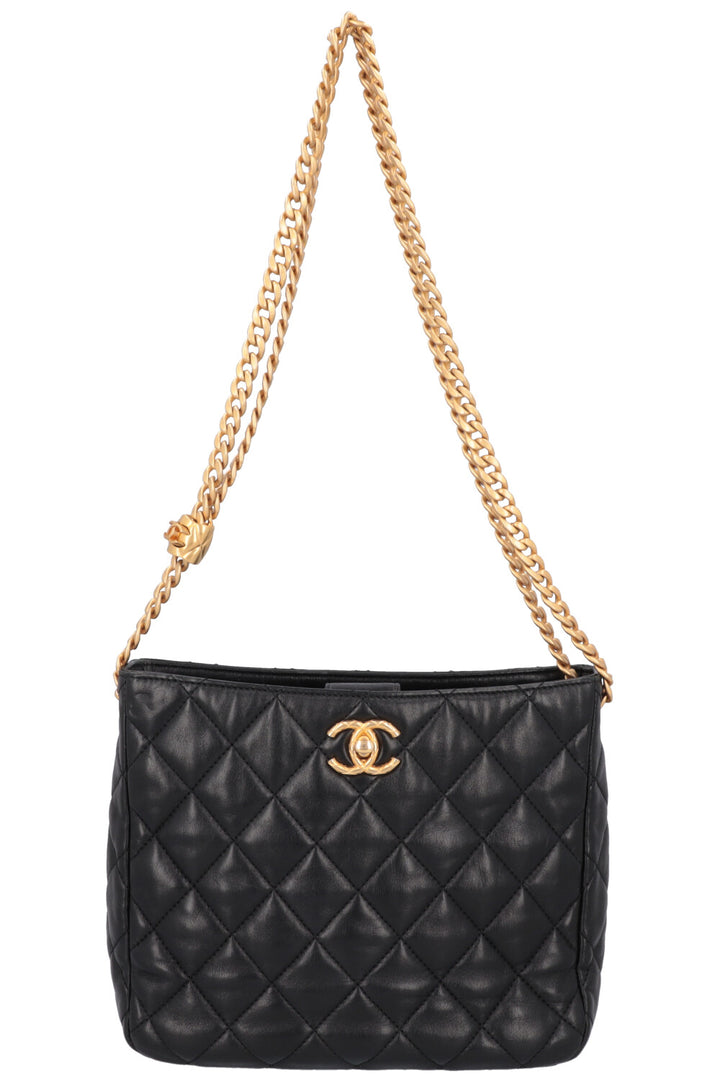 CHANEL Pearl Crush Quilted Hobo Bag Leather Black