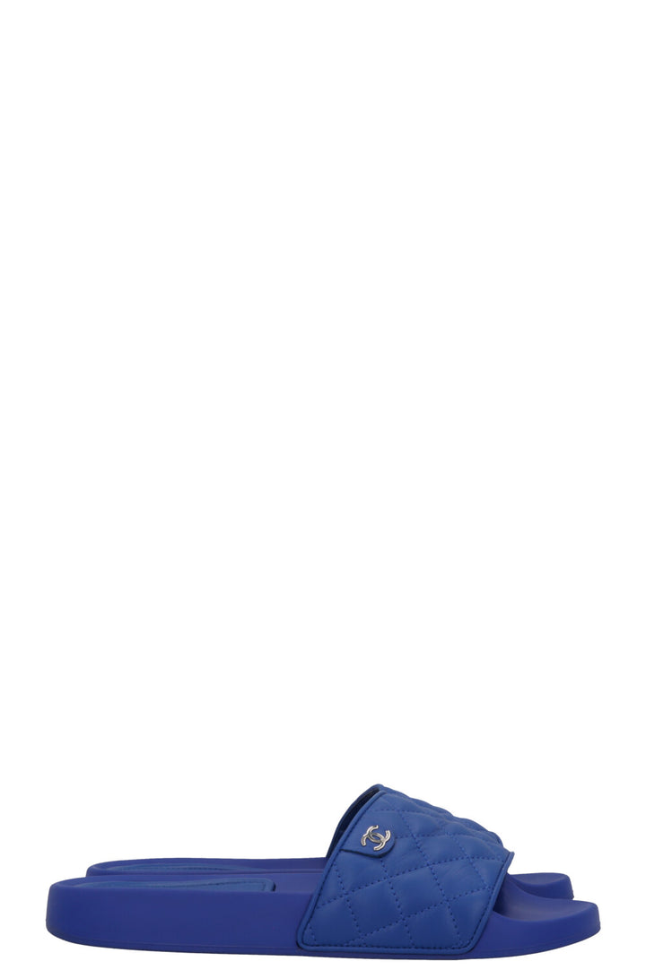 CHANEL CC Quilted Slides Leather Blue