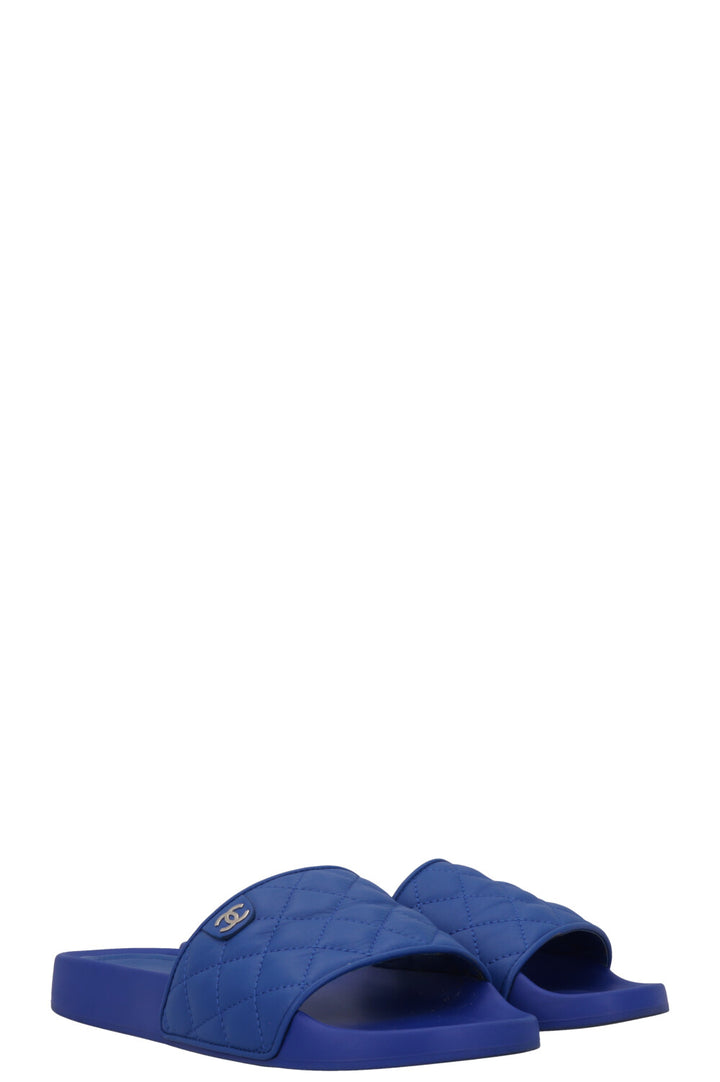 CHANEL CC Quilted Slides Leather Blue